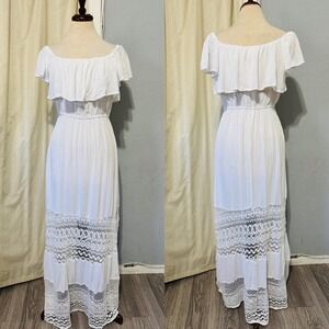 Goa Beachwear by Japna White Off Shoulder Crochet Lace Maxi Milkmaid Dress M